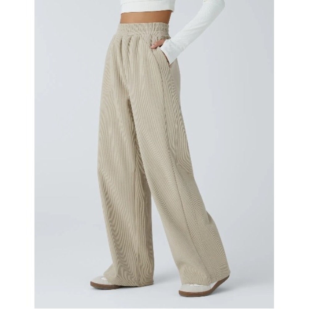 Halara Corduroy Wide Leg Baggy Mop Pants Womens XL Beige High Waist Pockets Chic